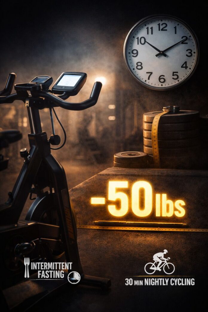 Stationary exercise bike and clock symbolizing intermittent fasting, nightly cycling, and a 50-pound weight loss over 18 months