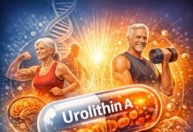 Urolithin A: A Breakthrough Molecule at the Center of Anti-Aging Research Illustration showing urolithin A supporting mitochondrial health, muscle strength, and immune function in healthy aging.