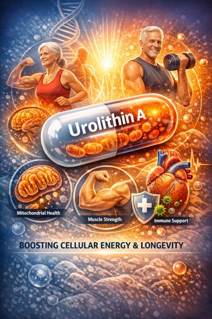 Illustration showing urolithin A supporting mitochondrial health, muscle strength, and immune function in healthy aging.